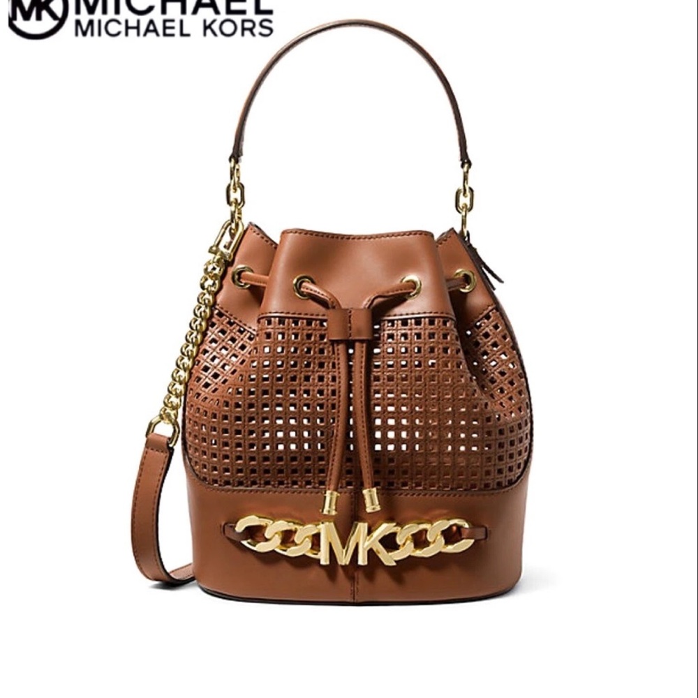 MICHAEL KORS Devon Medium Perforated Leather Bucket Bag Brown
